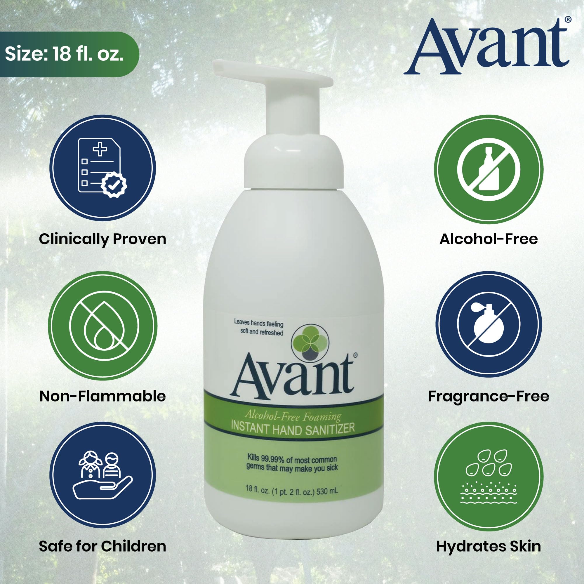 Avant ingredients benzalkonium chloride label emphasizes safe non-alcohol sanitizer chemistry.