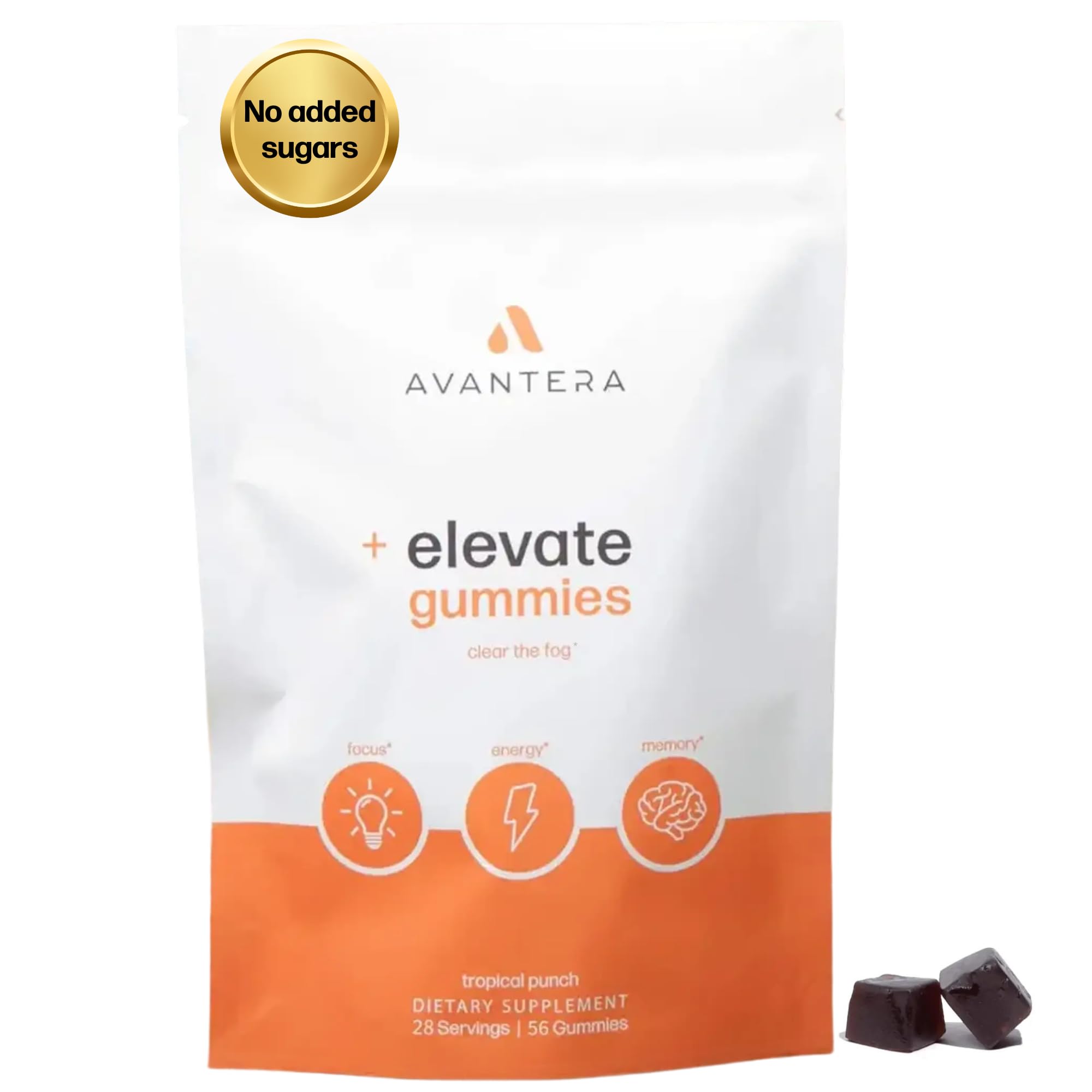 Avantera Elevate gummies bottle for daily focus support without crash