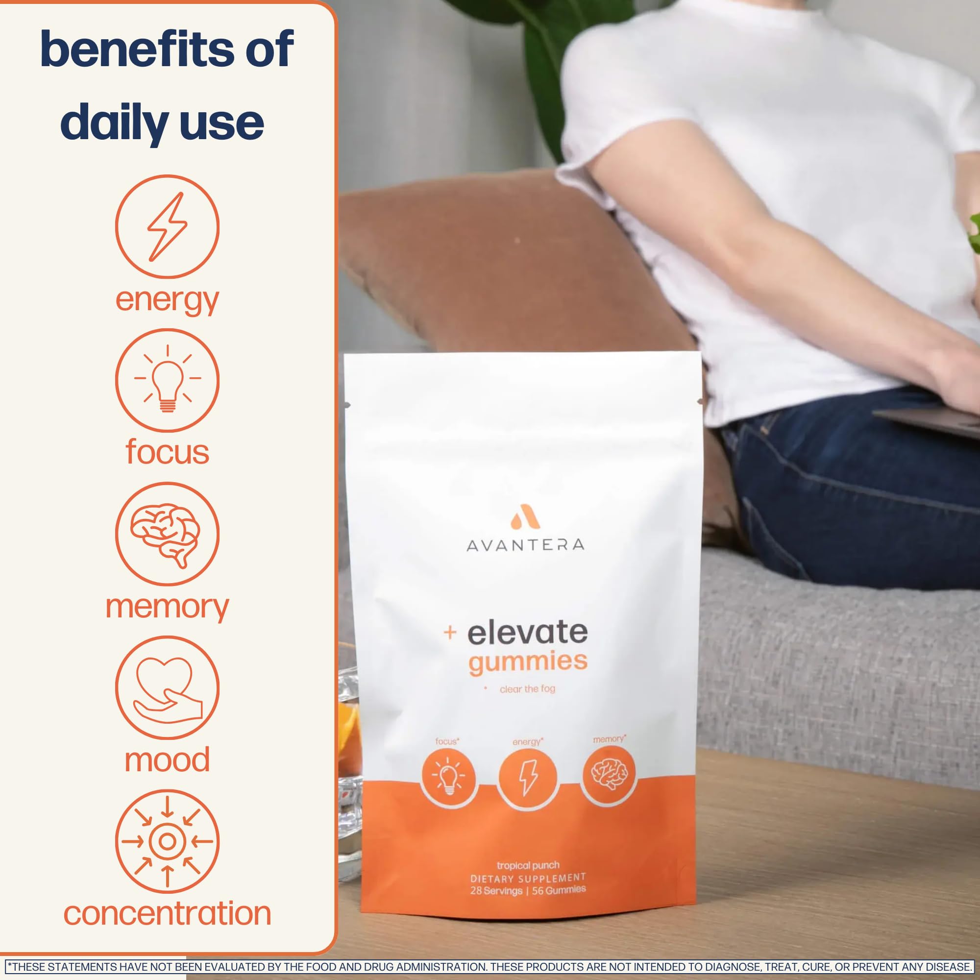 Avantera Elevate gummies label highlighting vegan, non-GMO formula