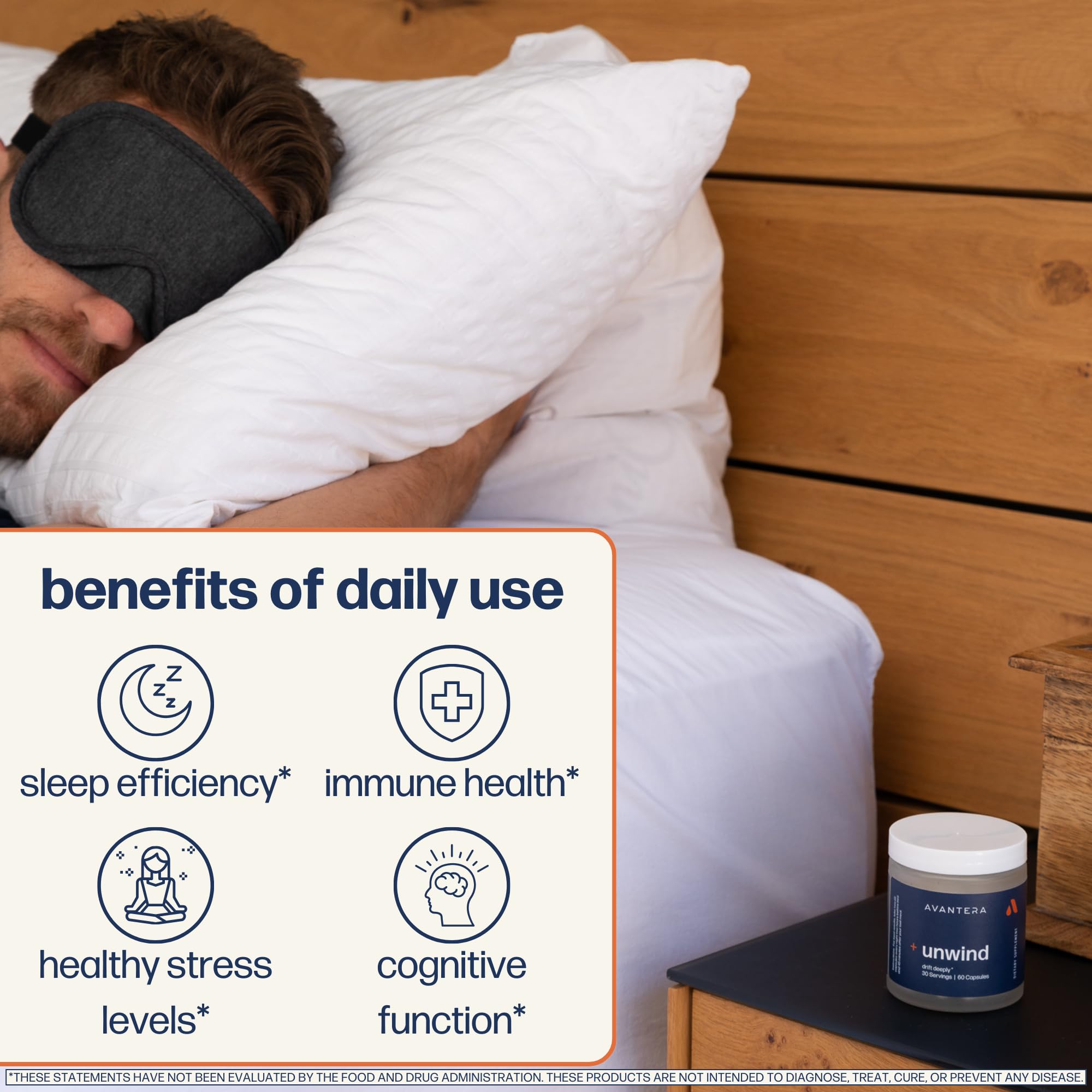 Avantera Unwind bottle label close-up highlighting sleep-support ingredients.