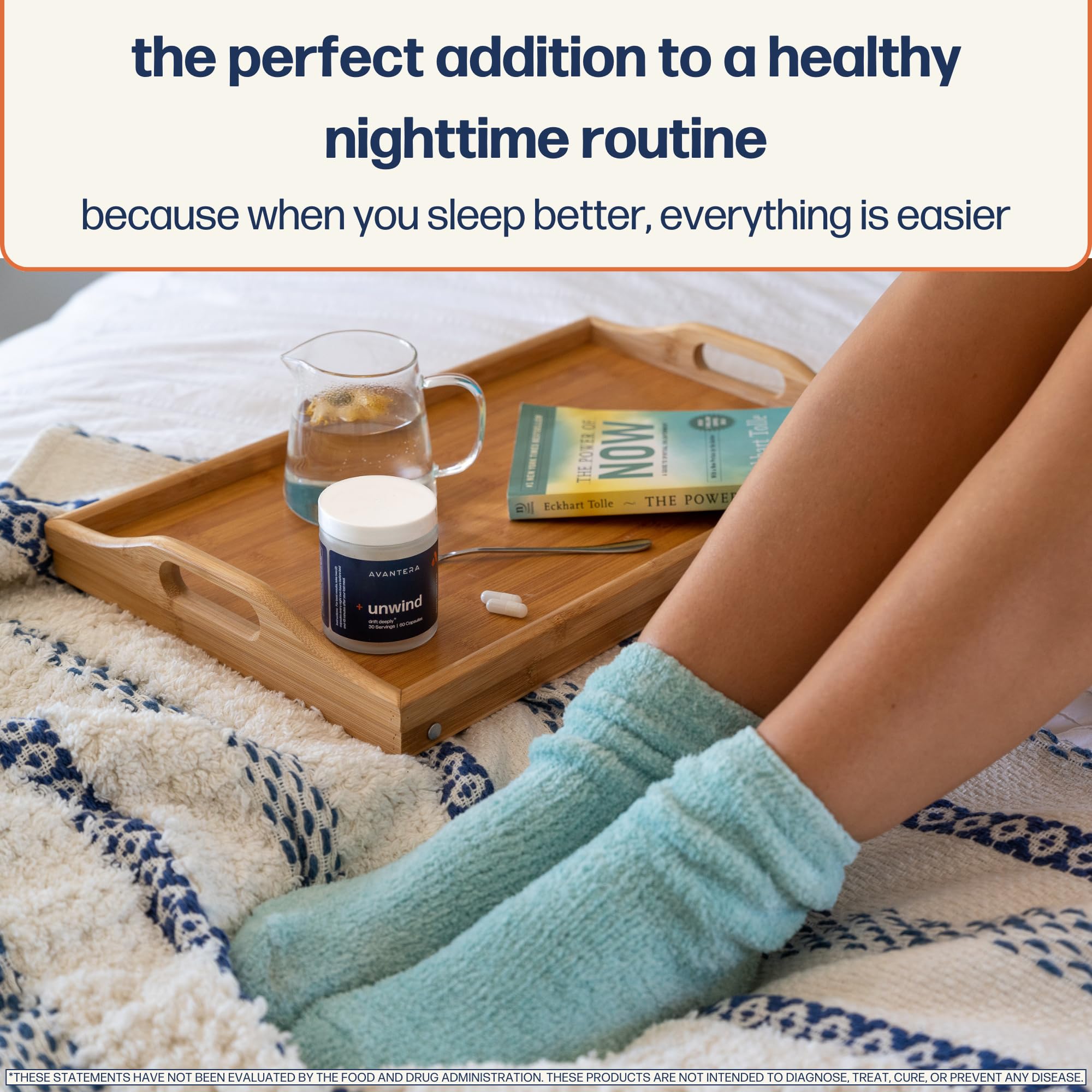 Avantera Unwind capsules being poured, suggesting a simple nightly routine.