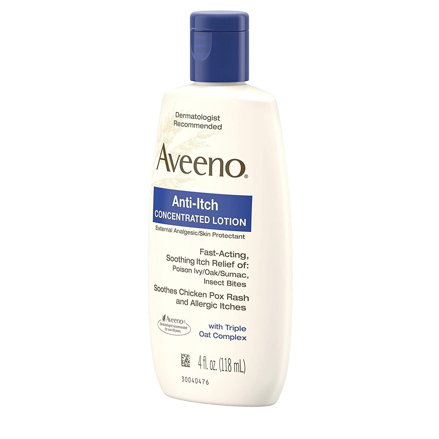 Oats and calamine imagery beside Aveeno Anti-Itch Lotion for soothing relief