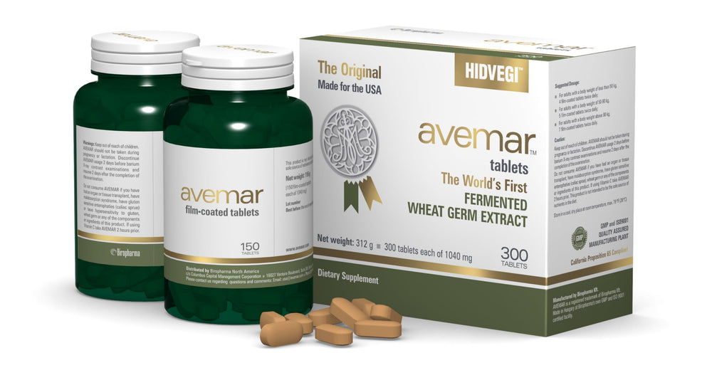 Avemar tablets bottle close-up showing easy daily intake for vitality.