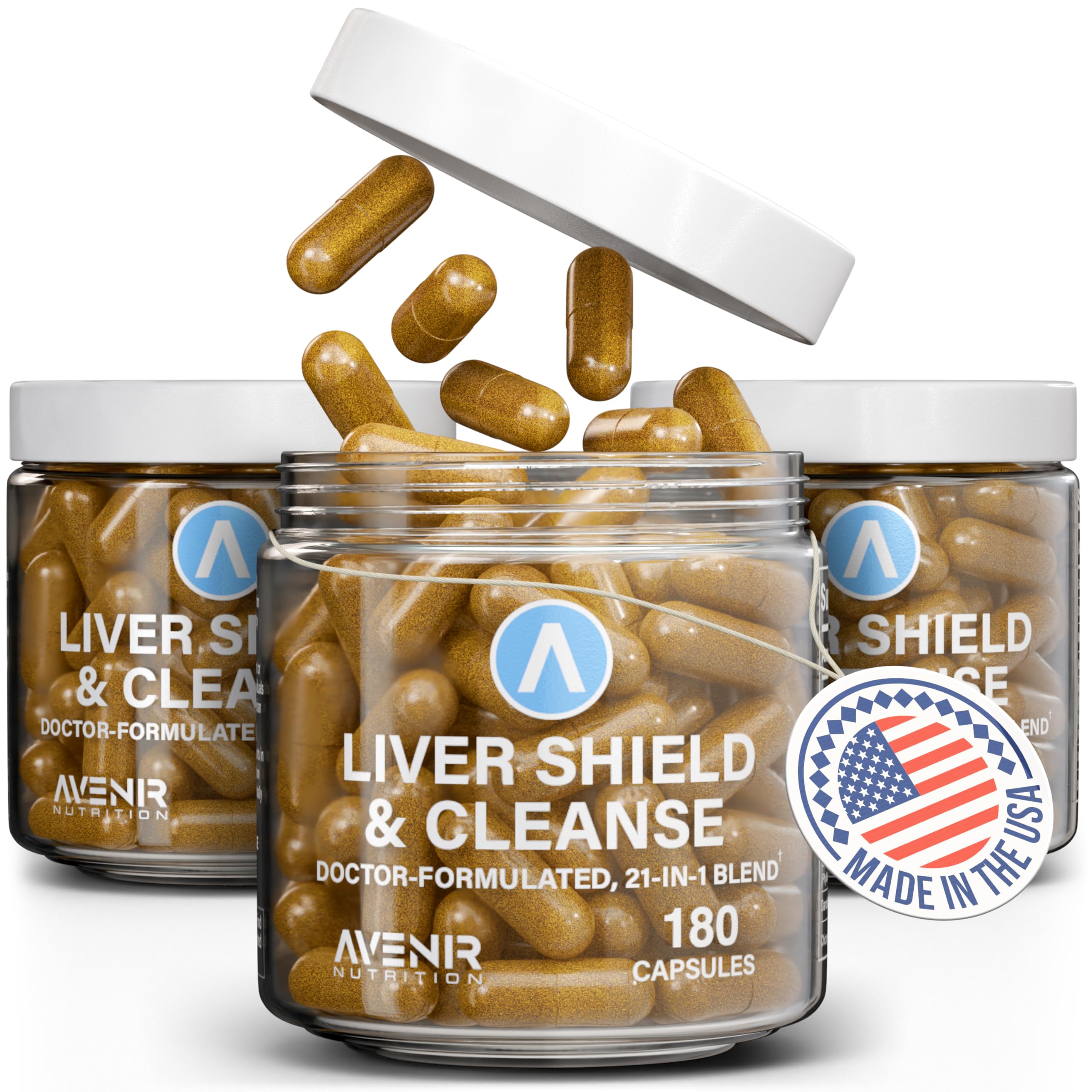 Avenir Nutrition Liver Shield & Cleanse bottle front with vegan capsules for daily liver support.