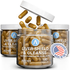 Avenir Nutrition Liver Shield & Cleanse bottle front with vegan capsules for daily liver support.