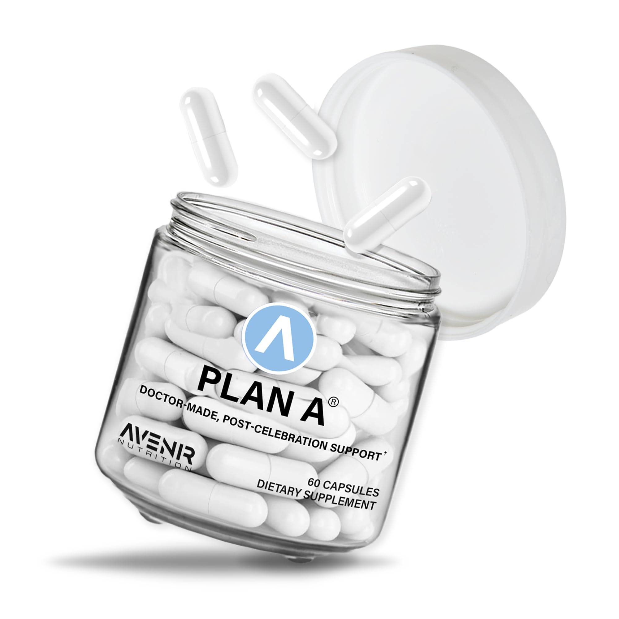 Avenir Nutrition Plan A bottle front view for post‑celebration relief and morning restoration.