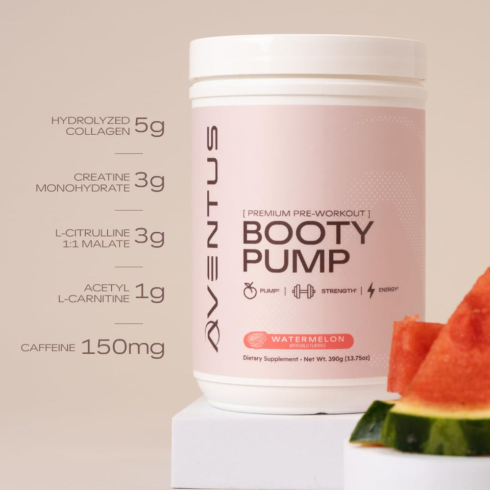Aventus Booty Pump bottle used during glute-focused workout for enhanced pump.