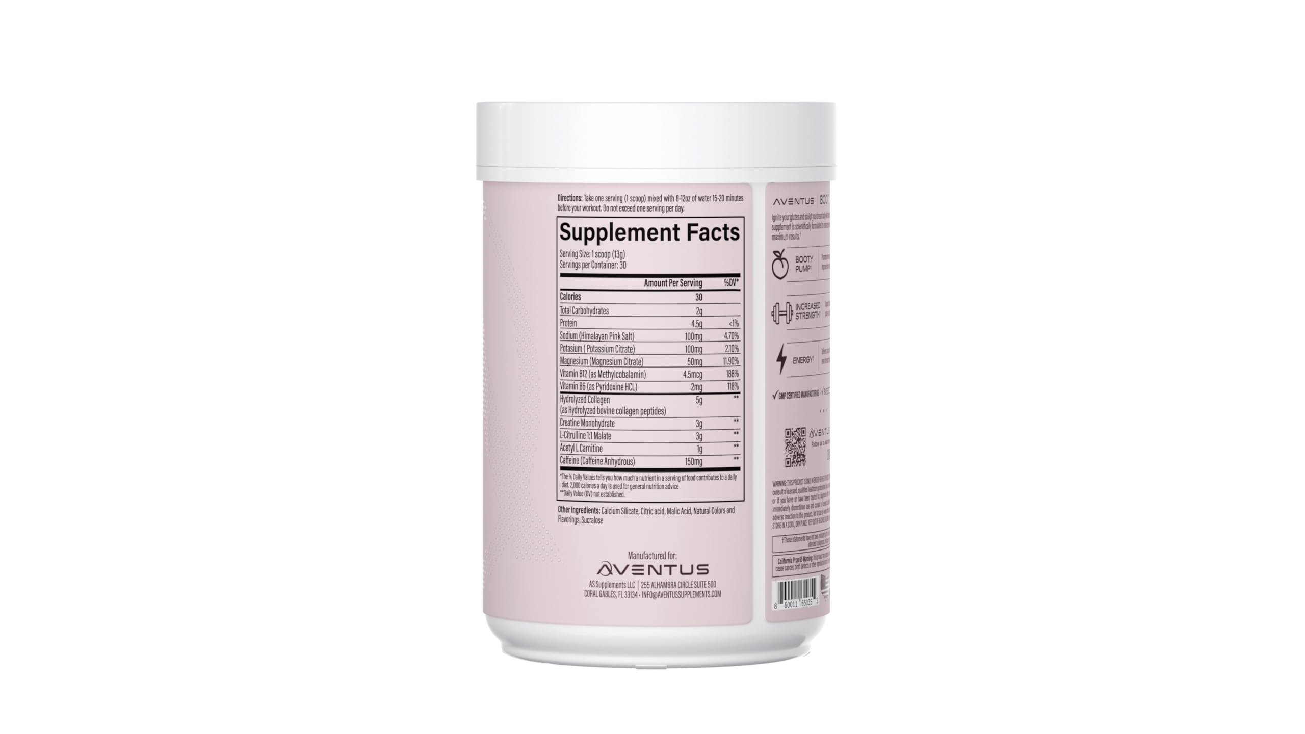Closeup of Aventus Booty Pump label with collagen, creatine, and caffeine ingredients.