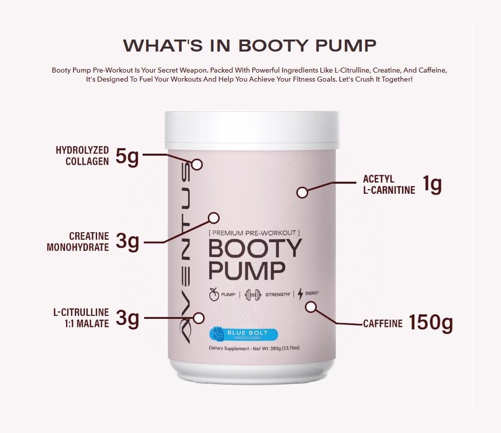 Aventus Booty Pump powder scoop ready to mix for pre-workout fueling.