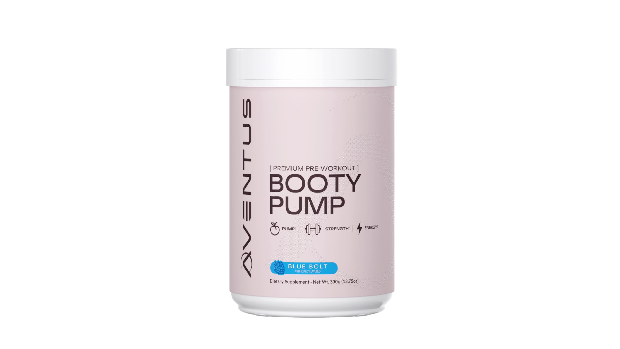 Aventus Booty Pump pre-workout bottle highlighting strong pumps and sustained energy.