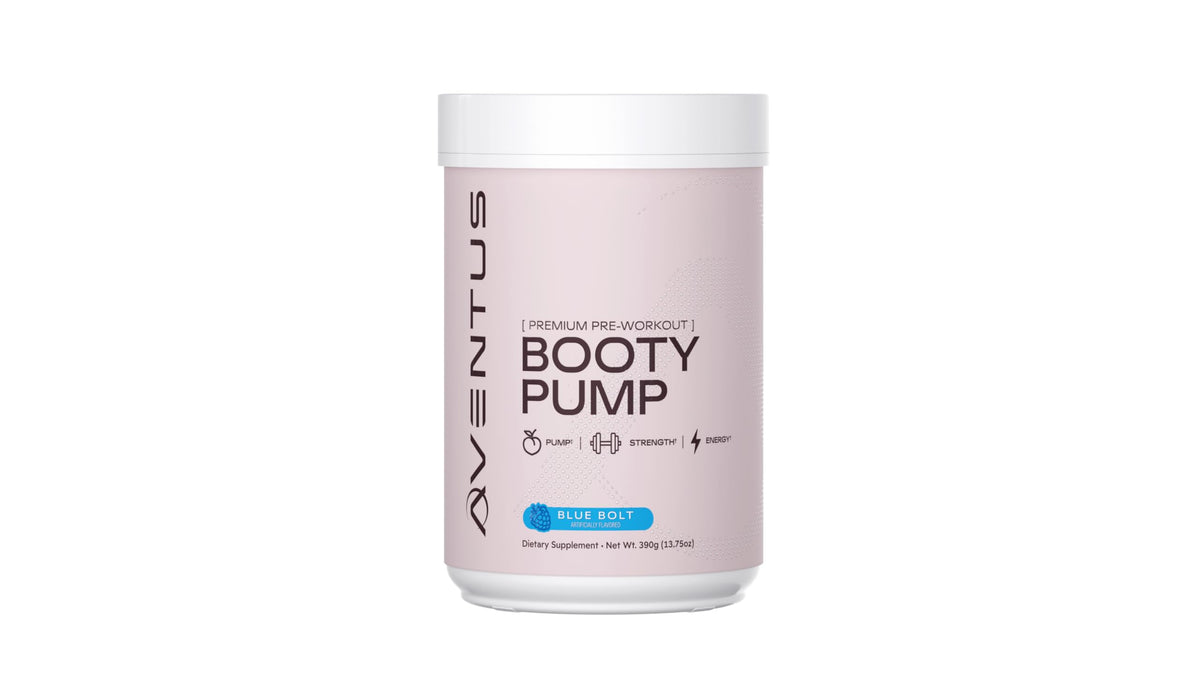 Aventus Booty Pump pre-workout bottle highlighting strong pumps and sustained energy.