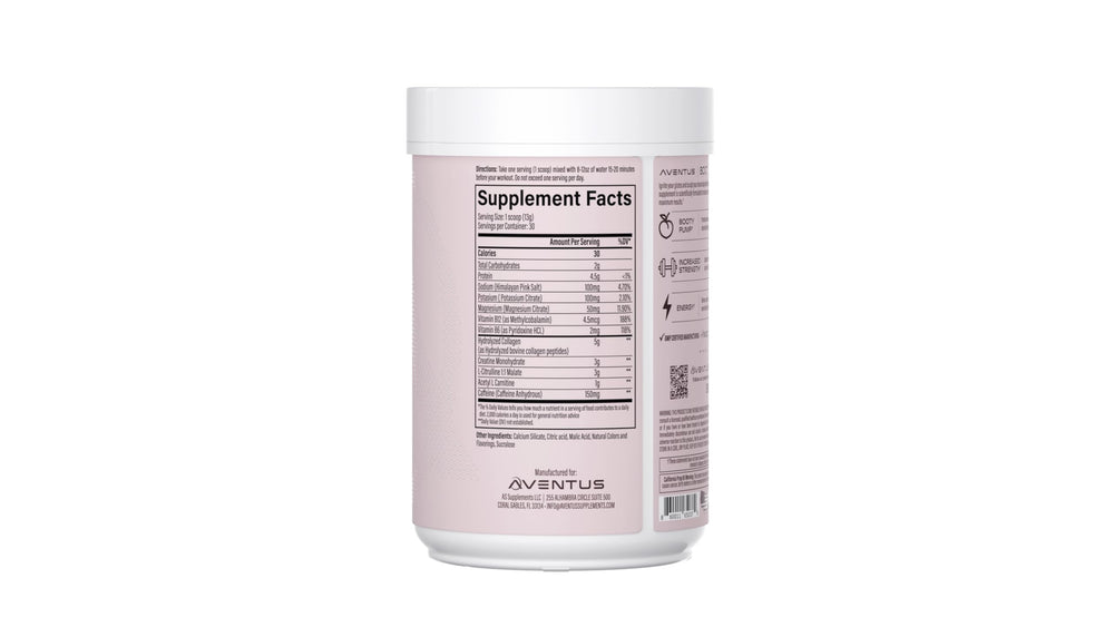 Aventus Booty Pump pre-workout scoop shown for quick, mixable energy.