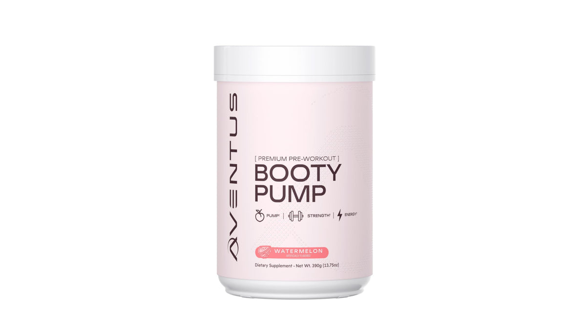 Aventus Booty Pump Watermelon tub ready to mix for a quick pre-workout boost.