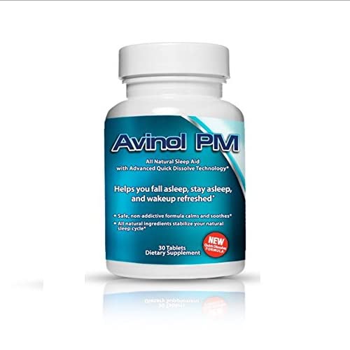 Avinol PM quick-dissolve tablet bottle for restful sleep support.