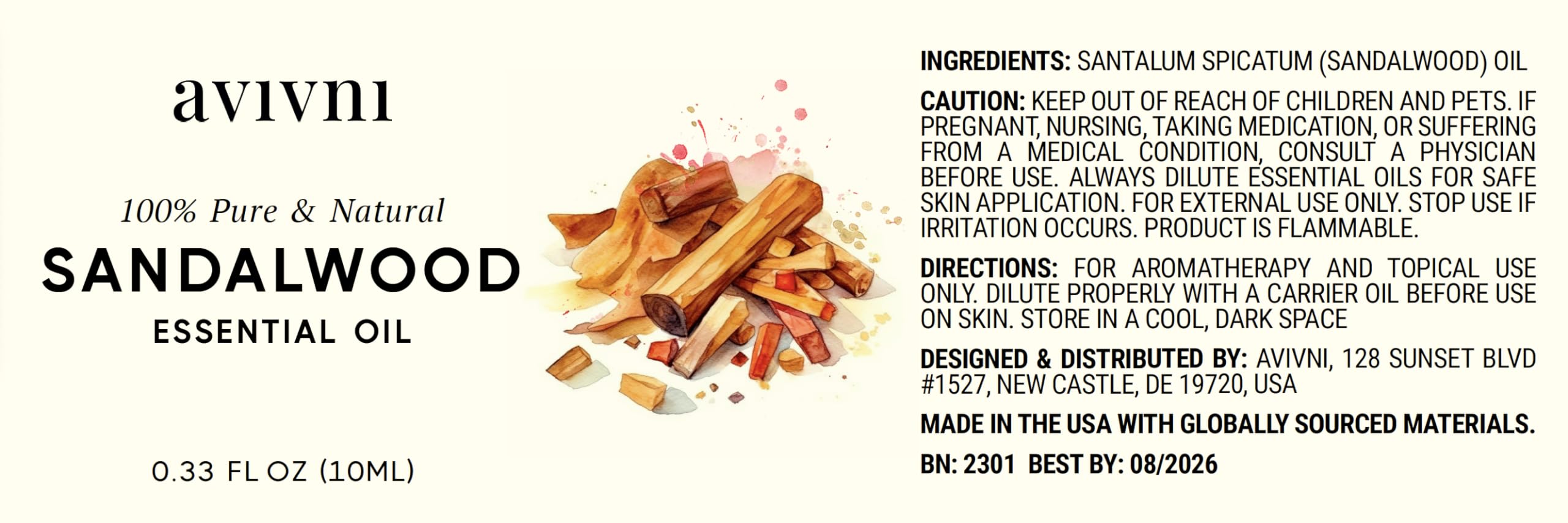 Avivni vegan cruelty-free sandalwood oil label