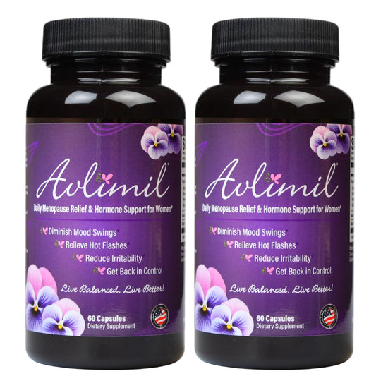 Avlimil Hormone Balance bottle on a clean surface, suggesting daily balance for menopause symptoms.