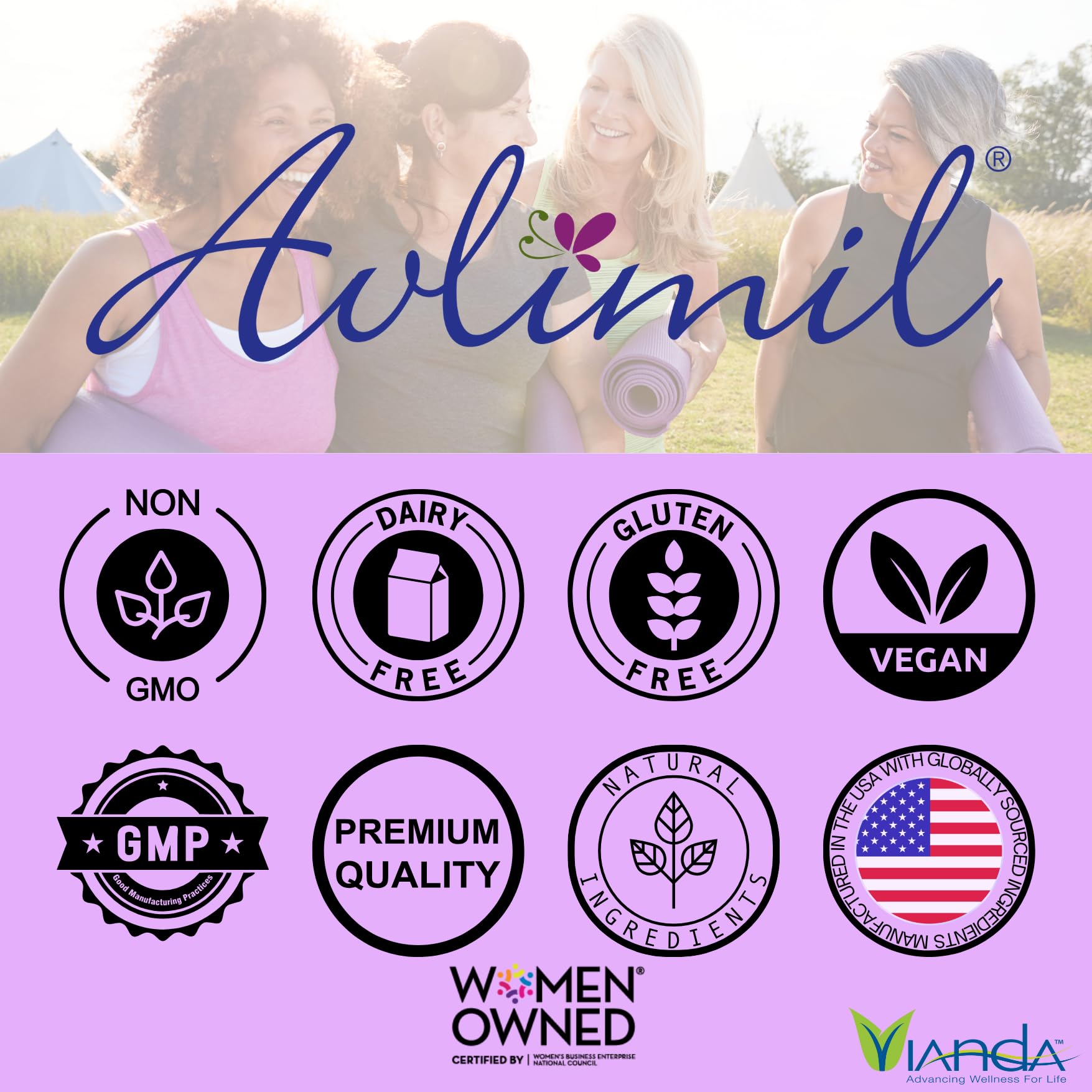 Avlimil Hormone Balance ingredients pack, emphasizing natural isoflavones and herbal blend.