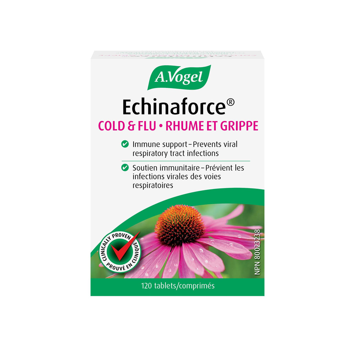 A.Vogel Echinaforce 120ct bottle on a kitchen counter for seasonal immune support.