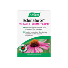 A.Vogel Echinaforce 120ct bottle on a kitchen counter for seasonal immune support.