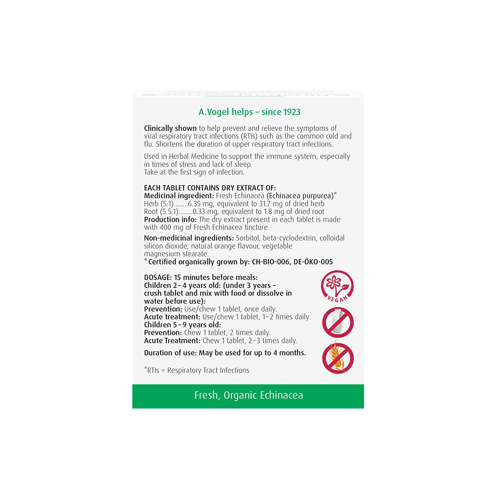 Dosing information illustrated on A.Vogel Echinaforce Junior packaging