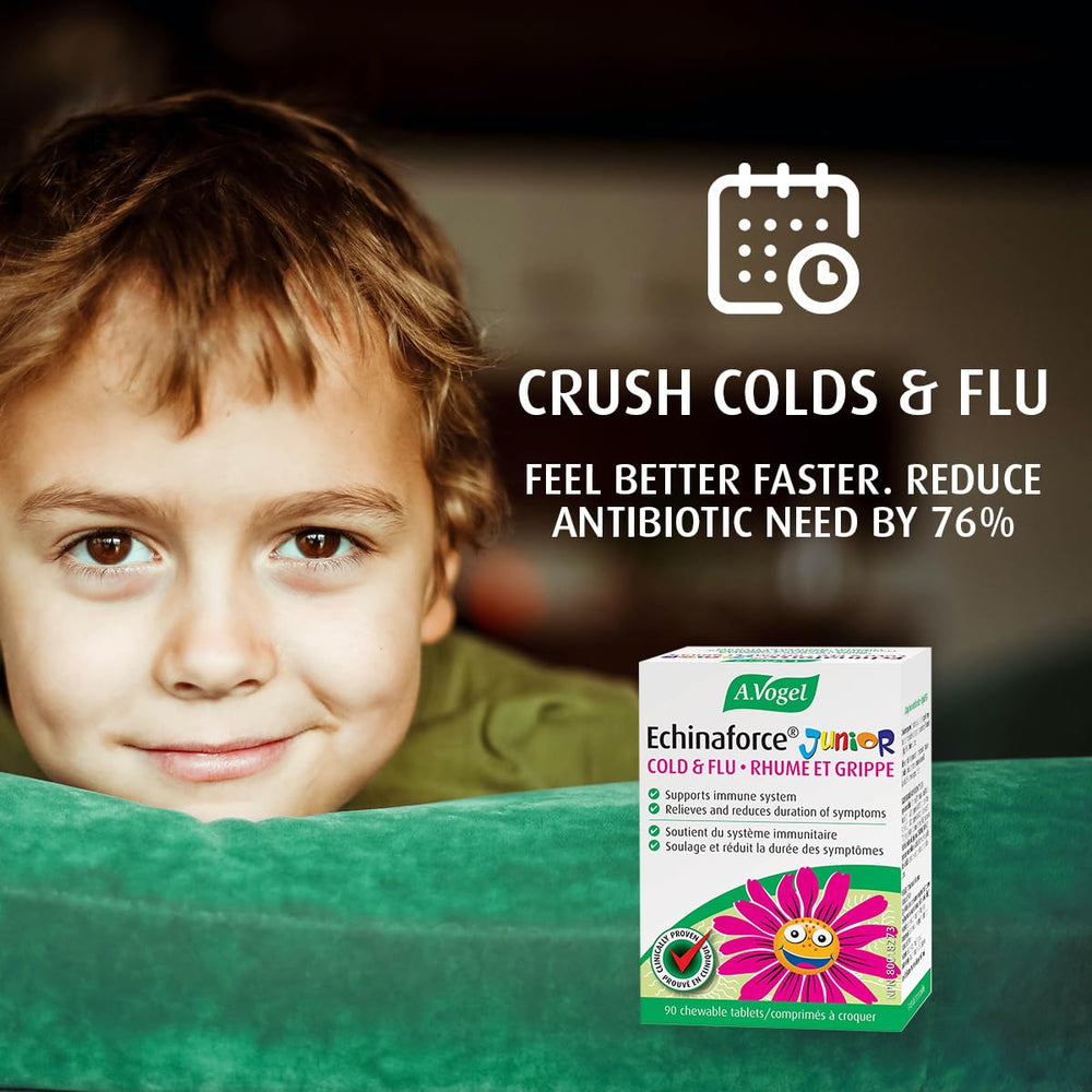 Close-up of A.Vogel Echinaforce Junior label highlighting fresh organic echinacea