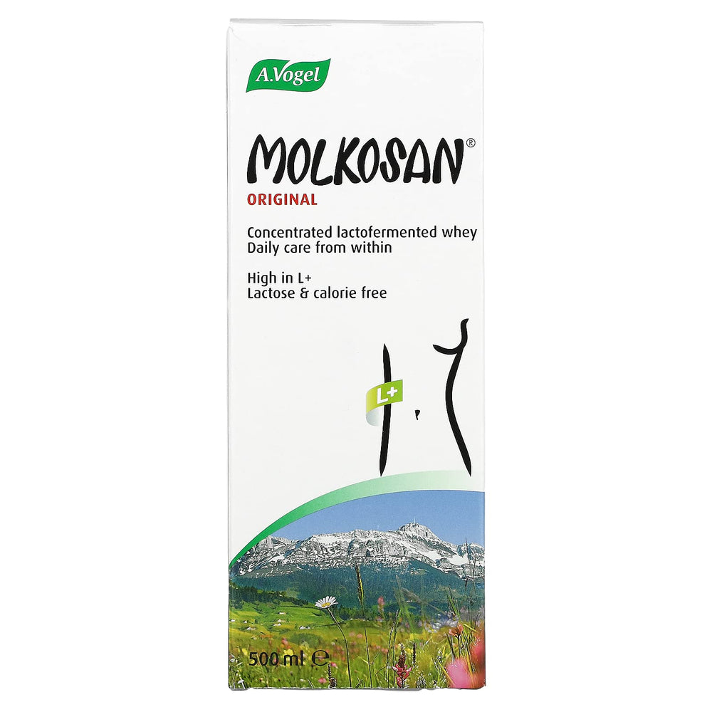 A.Vogel Molkosan bottle pour shows lactose-free whey for daily mixing.