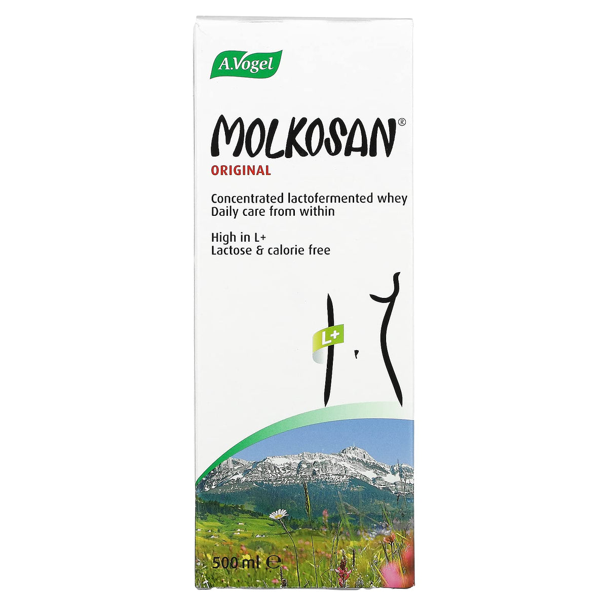 A.Vogel Molkosan bottle pour shows lactose-free whey for daily mixing.