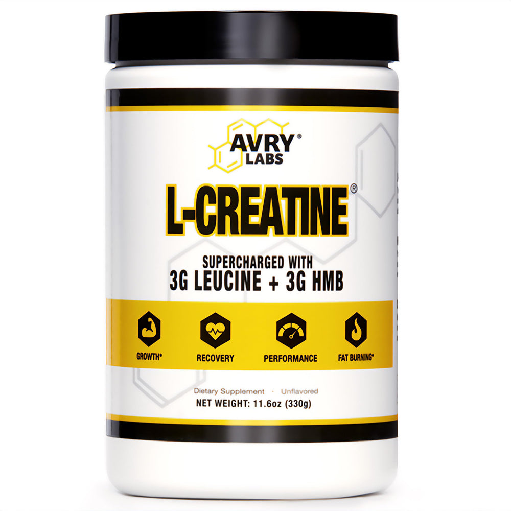 Avry Labs L-CREATINE bottle front showing vegan performance support and design.