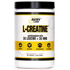 Avry Labs L-CREATINE bottle front showing vegan performance support and design.