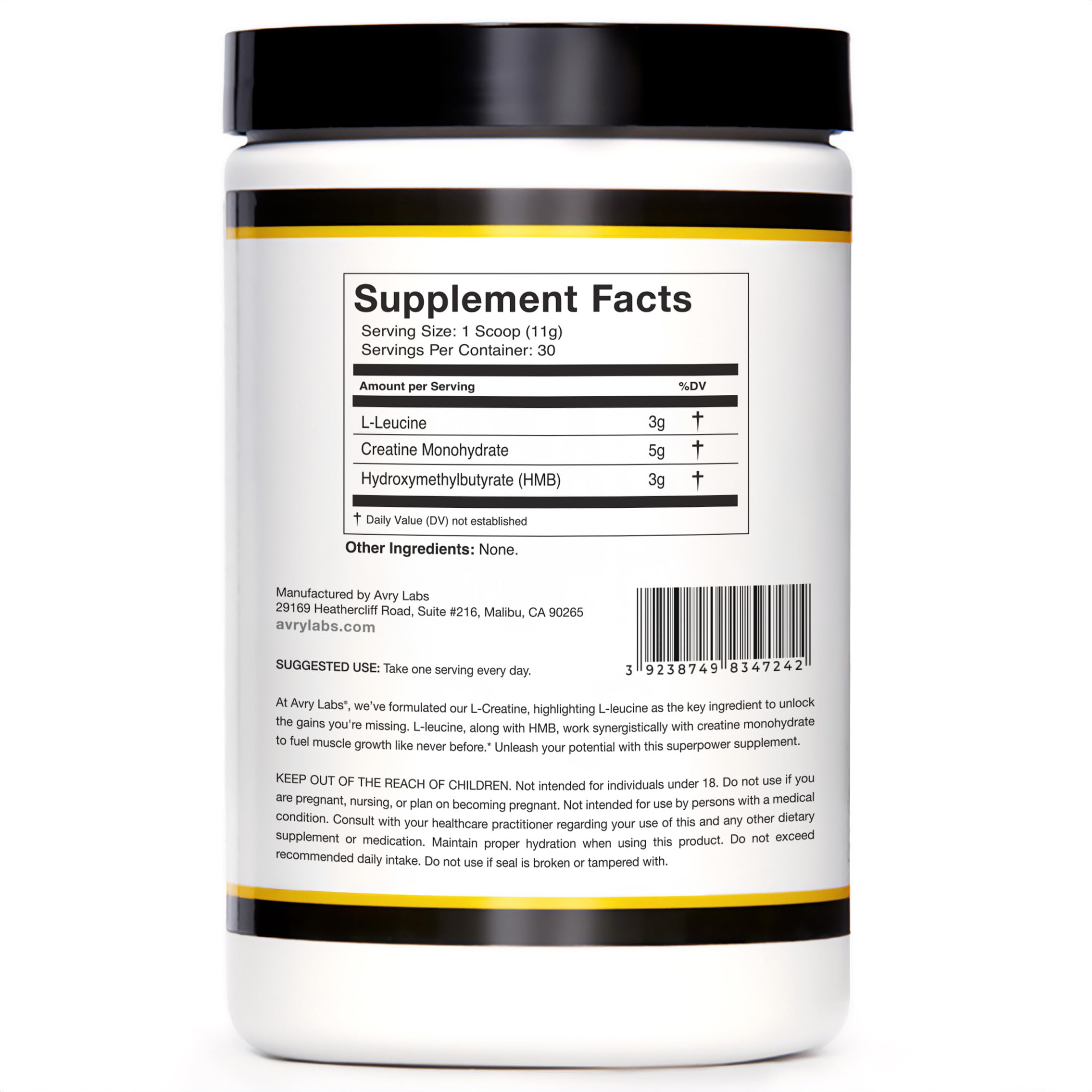 Avry Labs L-CREATINE in a gym setting signaling performance-focused support during workouts.