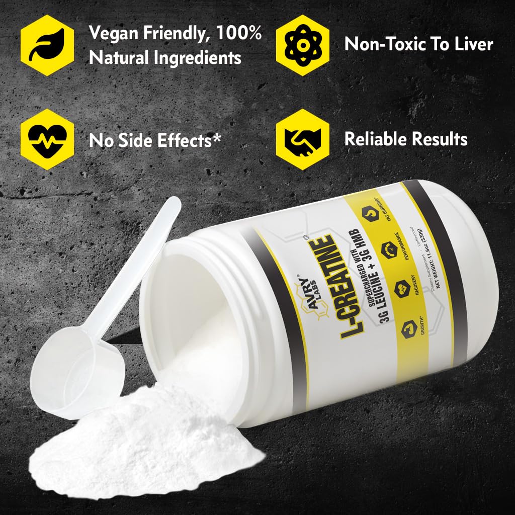Avry Labs L-CREATINE powder in spoon illustrates easy mixing for pre- or post-workout use.