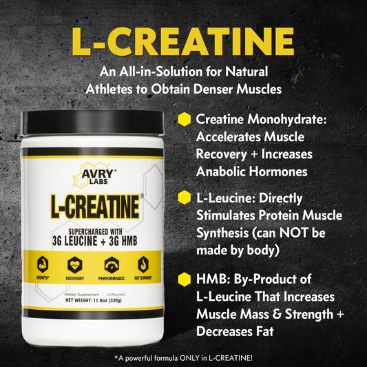 Avry Labs L-CREATINE scoop-dispensing demonstrates easy daily dosing for strength.