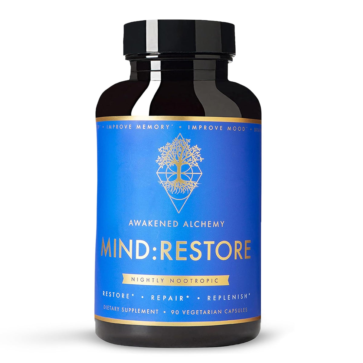 Awakened Alchemy MIND:RESTORE bottle front with nighttime formula visible for branding and packaging appeal