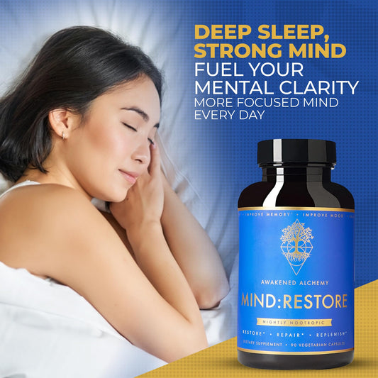 Closeup of MIND:RESTORE capsules highlighting texture and quality