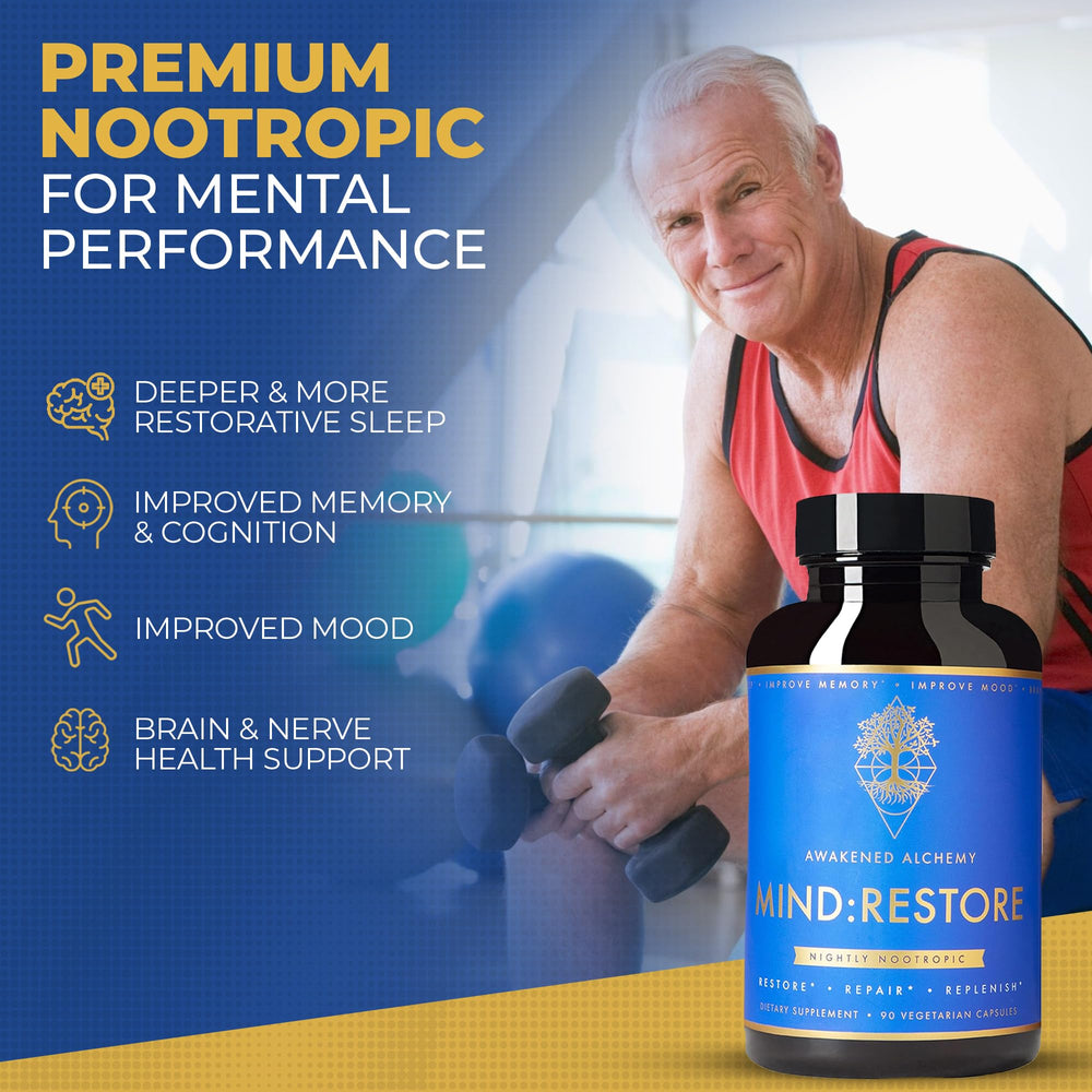 MIND:RESTORE ingredients label close view showcasing premium blend