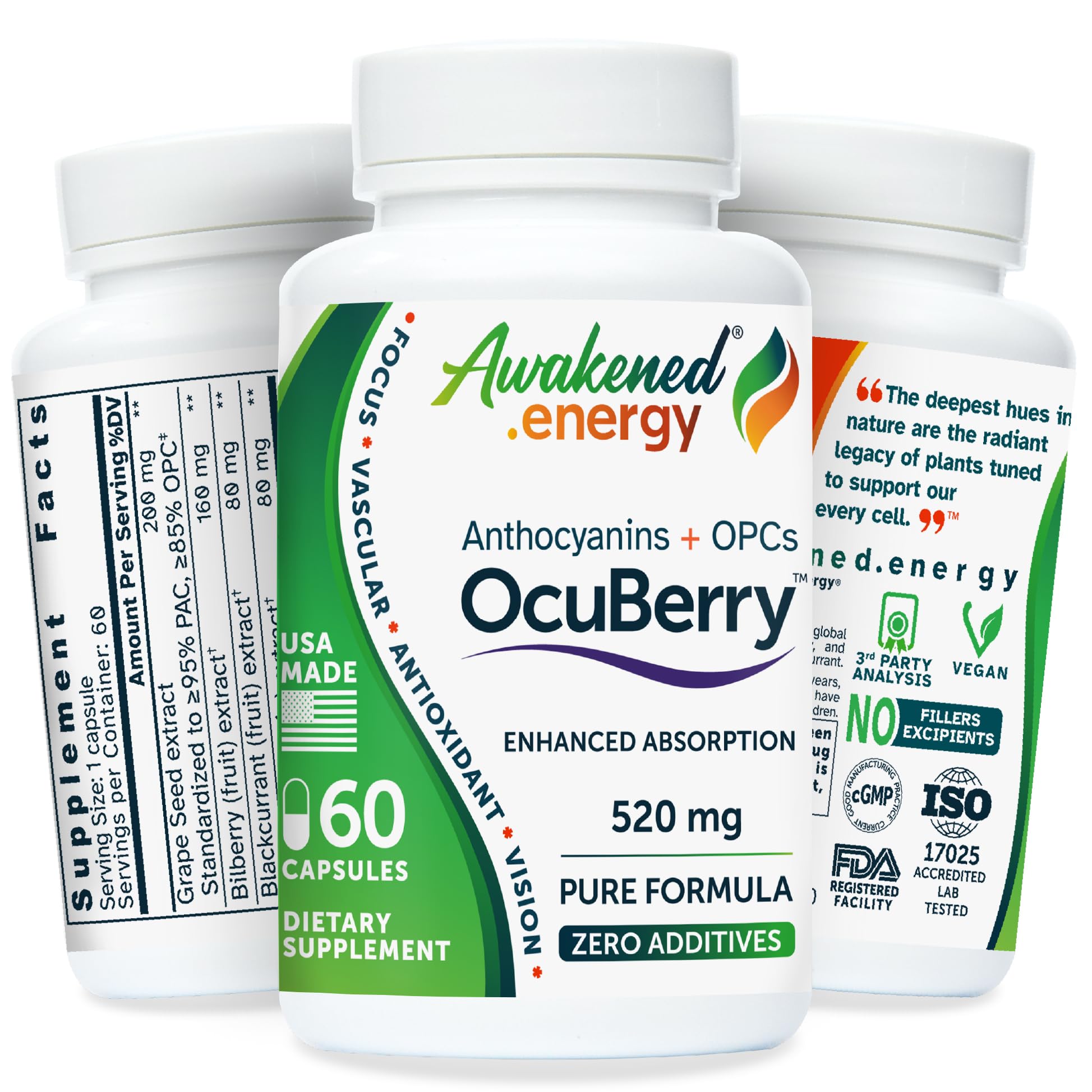 Awakened.energy OcuBerry bilberry bottle showing antioxidant-rich eye support