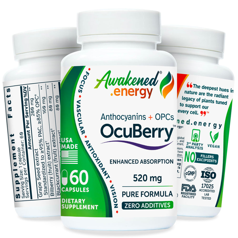 Awakened.energy OcuBerry bilberry bottle showing antioxidant-rich eye support