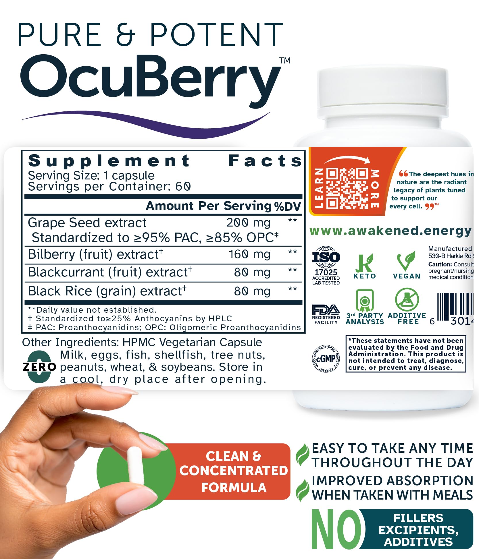 Awakened.energy OcuBerry label showcasing no fillers or artificial additives