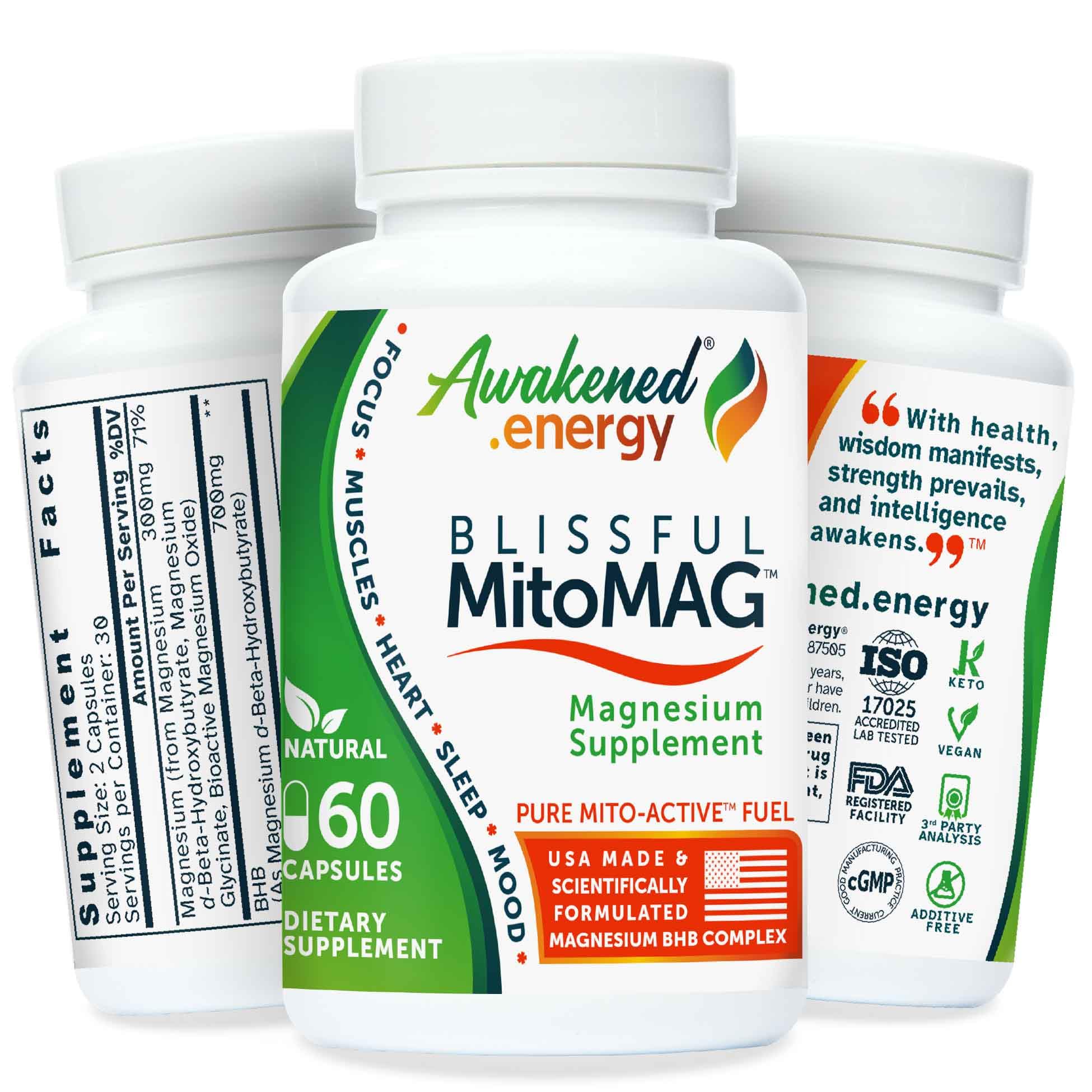 Awakened.energy Blissful MitoMAG bottle pour for calming sleep and steady energy.