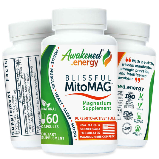 Awakened.energy Blissful MitoMAG bottle pour for calming sleep and steady energy.