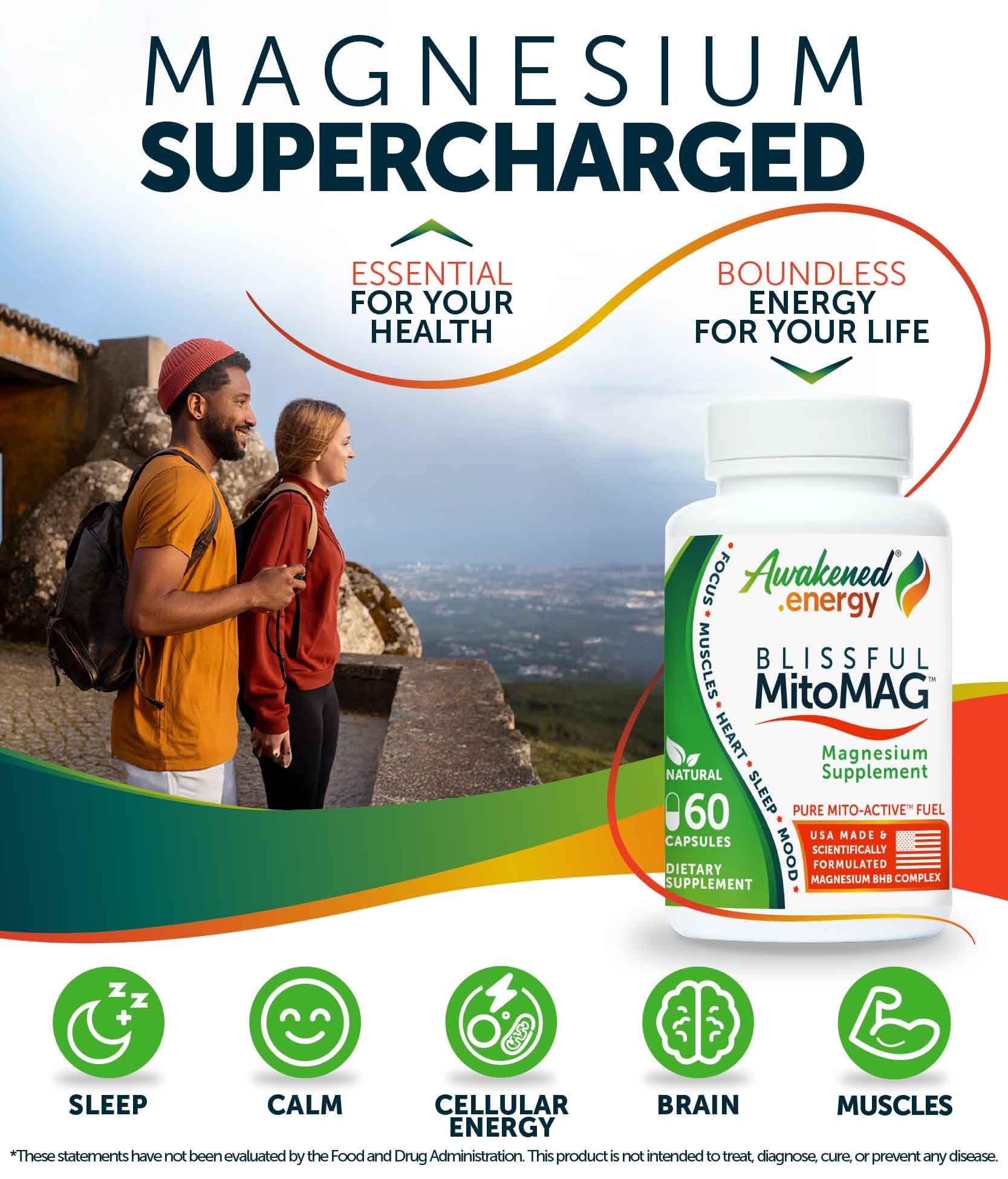 Awakened.energy Blissful MitoMAG capsules close-up highlighting vegan, additive-free formula.