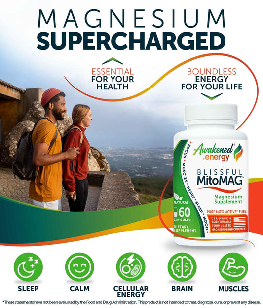 Awakened.energy Blissful MitoMAG capsules close-up highlighting vegan, additive-free formula.