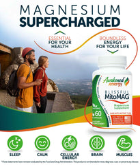 Awakened.energy Blissful MitoMAG capsules close-up highlighting vegan, additive-free formula.
