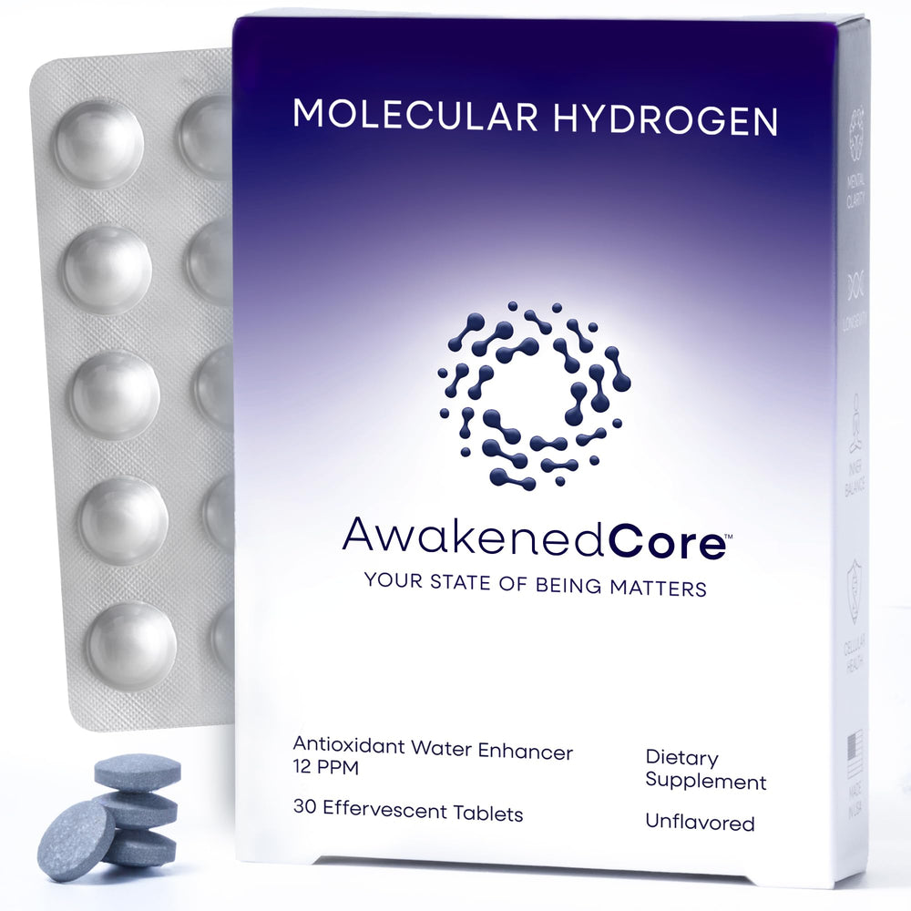 AwakenedCore Hydrogen Tablets bottle shown for convenient daily hydration and energy support.