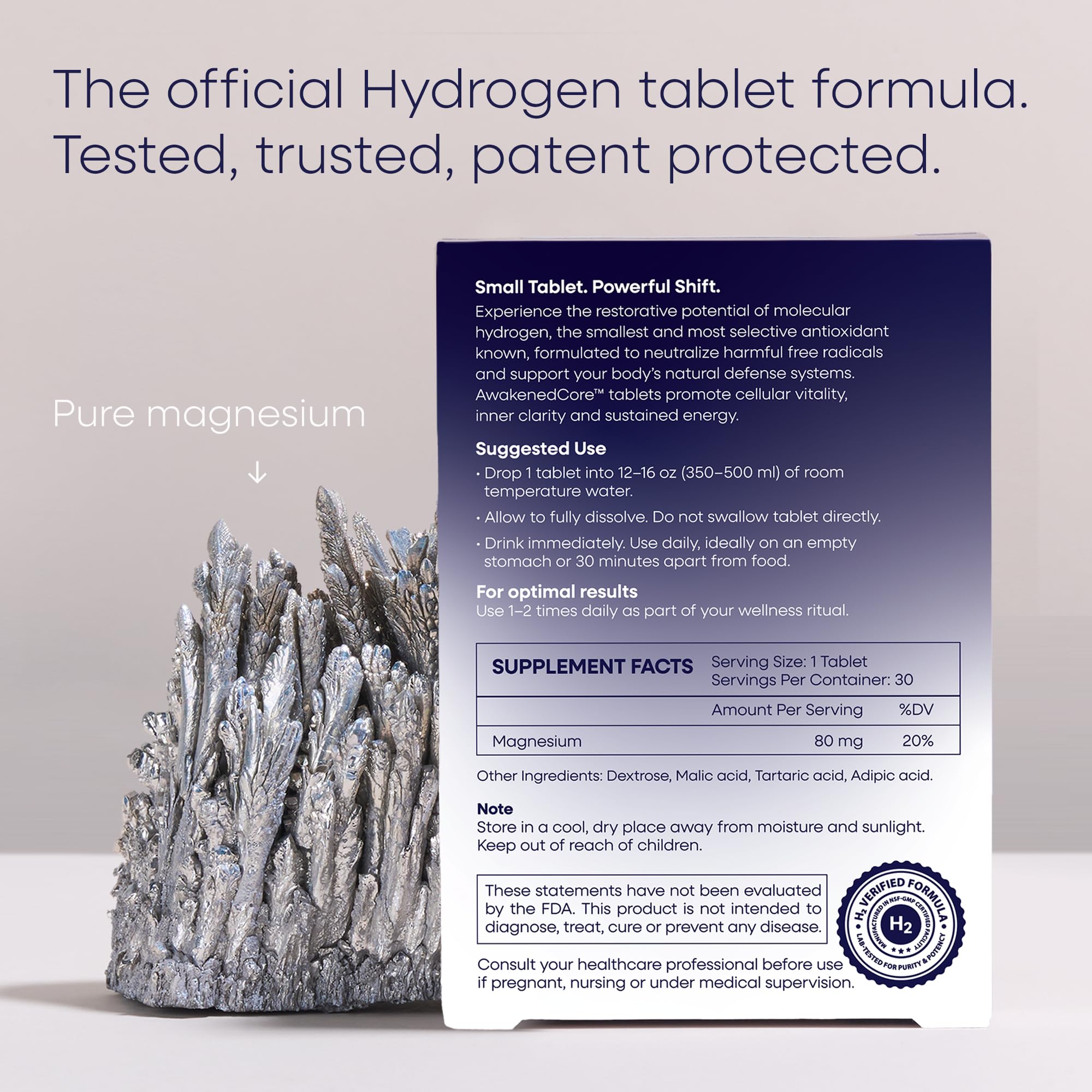 AwakenedCore Hydrogen Tablets dissolving in water for clean, refreshing hydration.