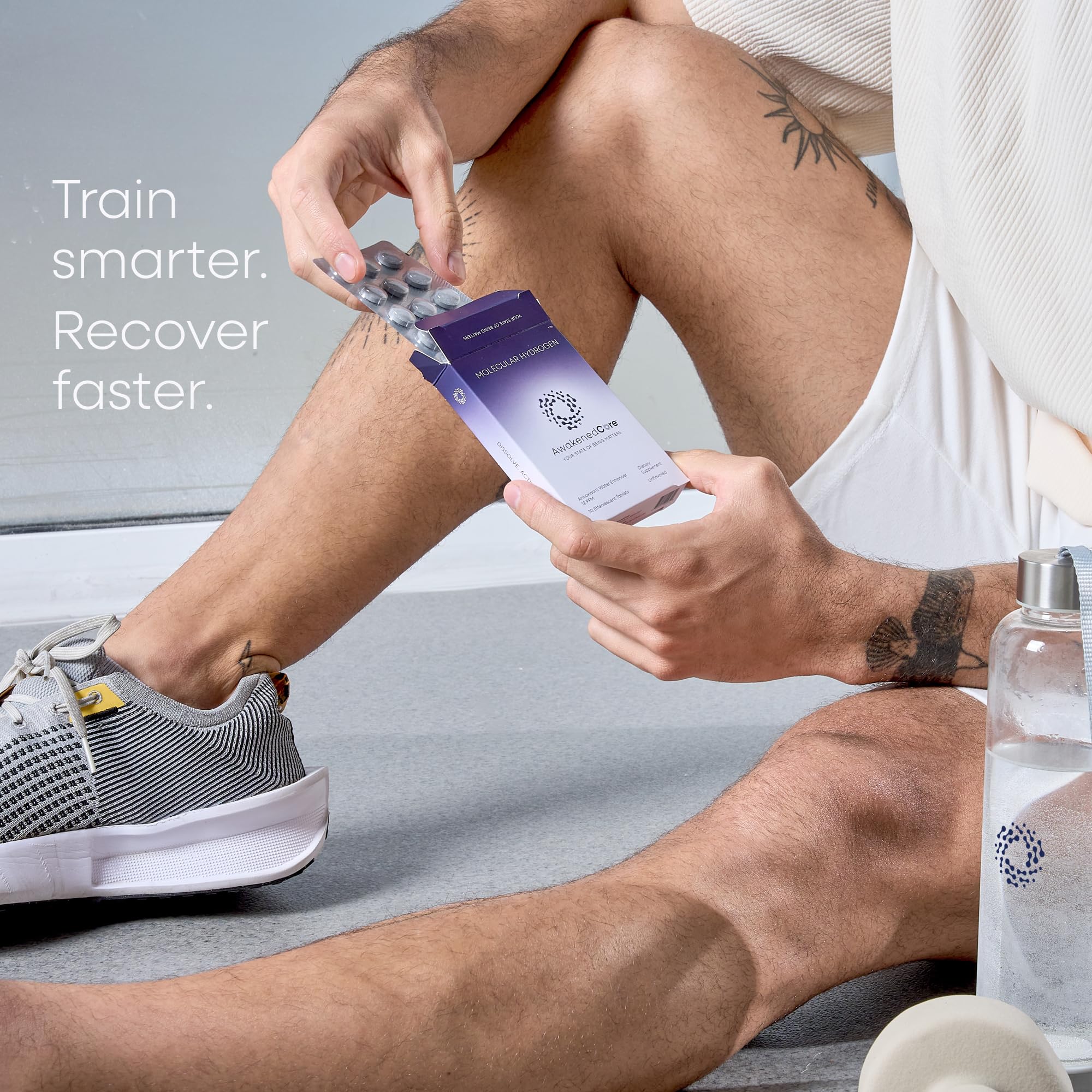 AwakenedCore Hydrogen Tablets labeling highlights NSF and GMP quality assurance.