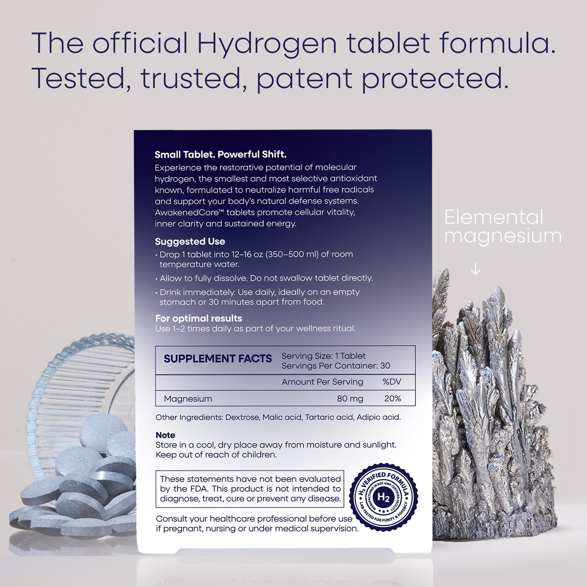 AwakenedCore tablets dissolving in water to deliver magnesium and hydrogen