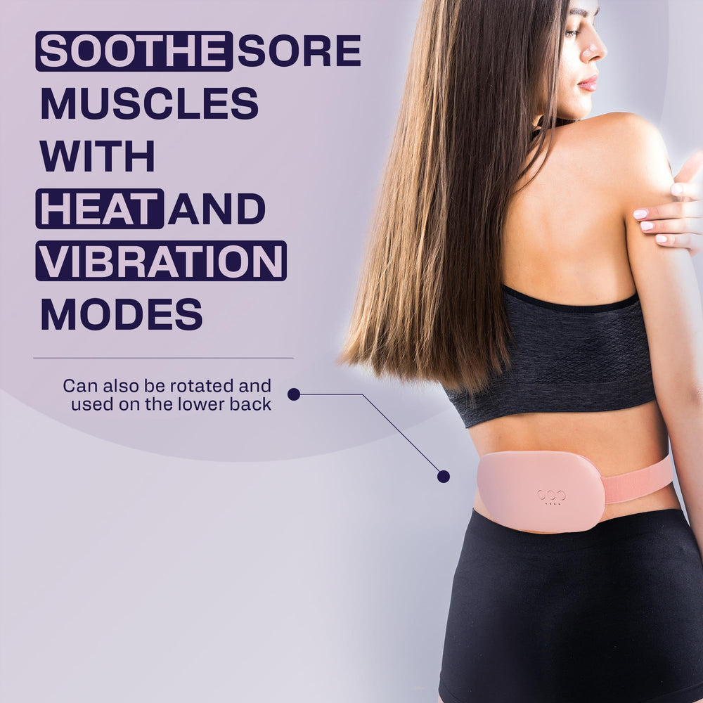 AWD Medical cordless heating pad in-use on body for flexible relief.