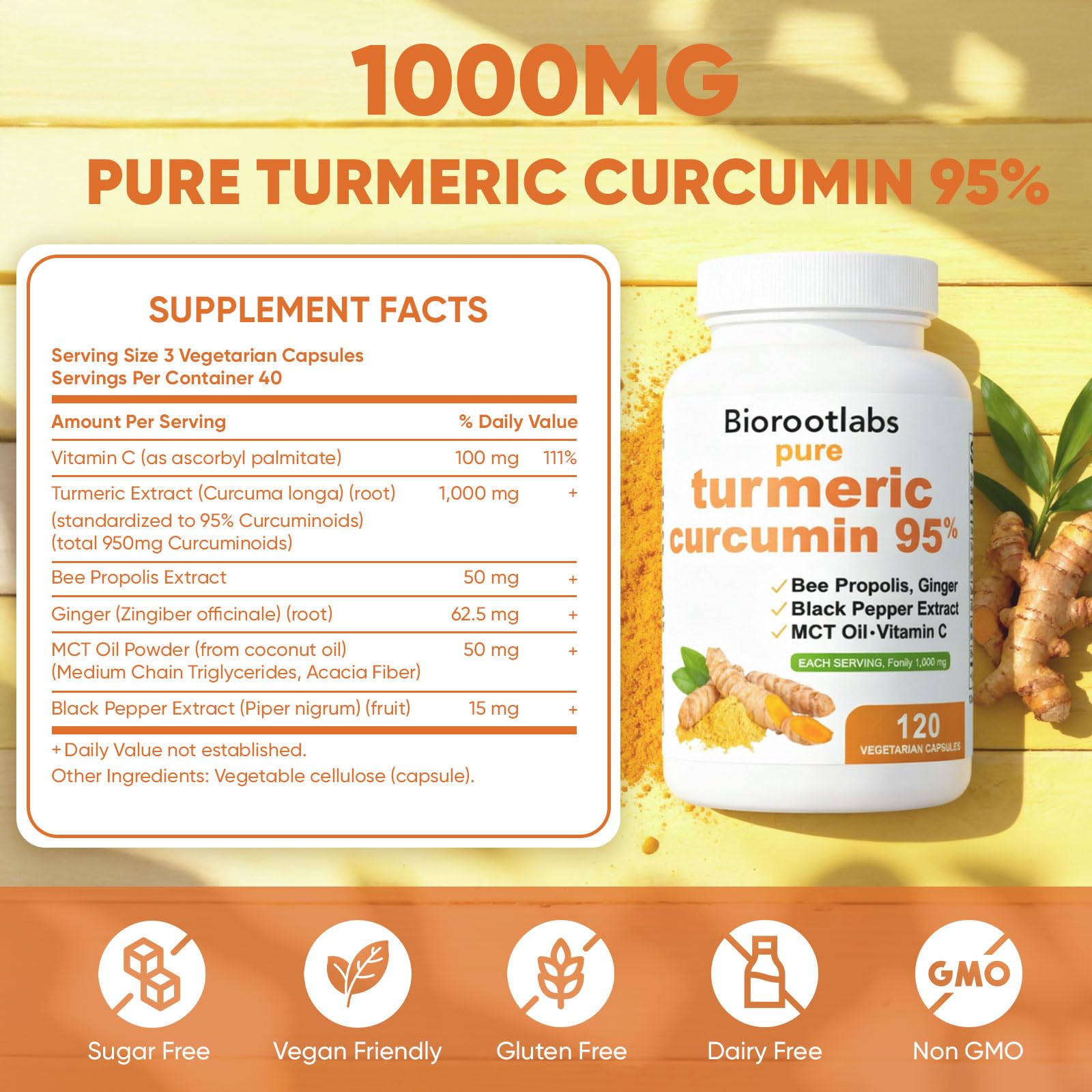 Awjsde Biorootlabs turmeric capsules close-up, easy to swallow and potent