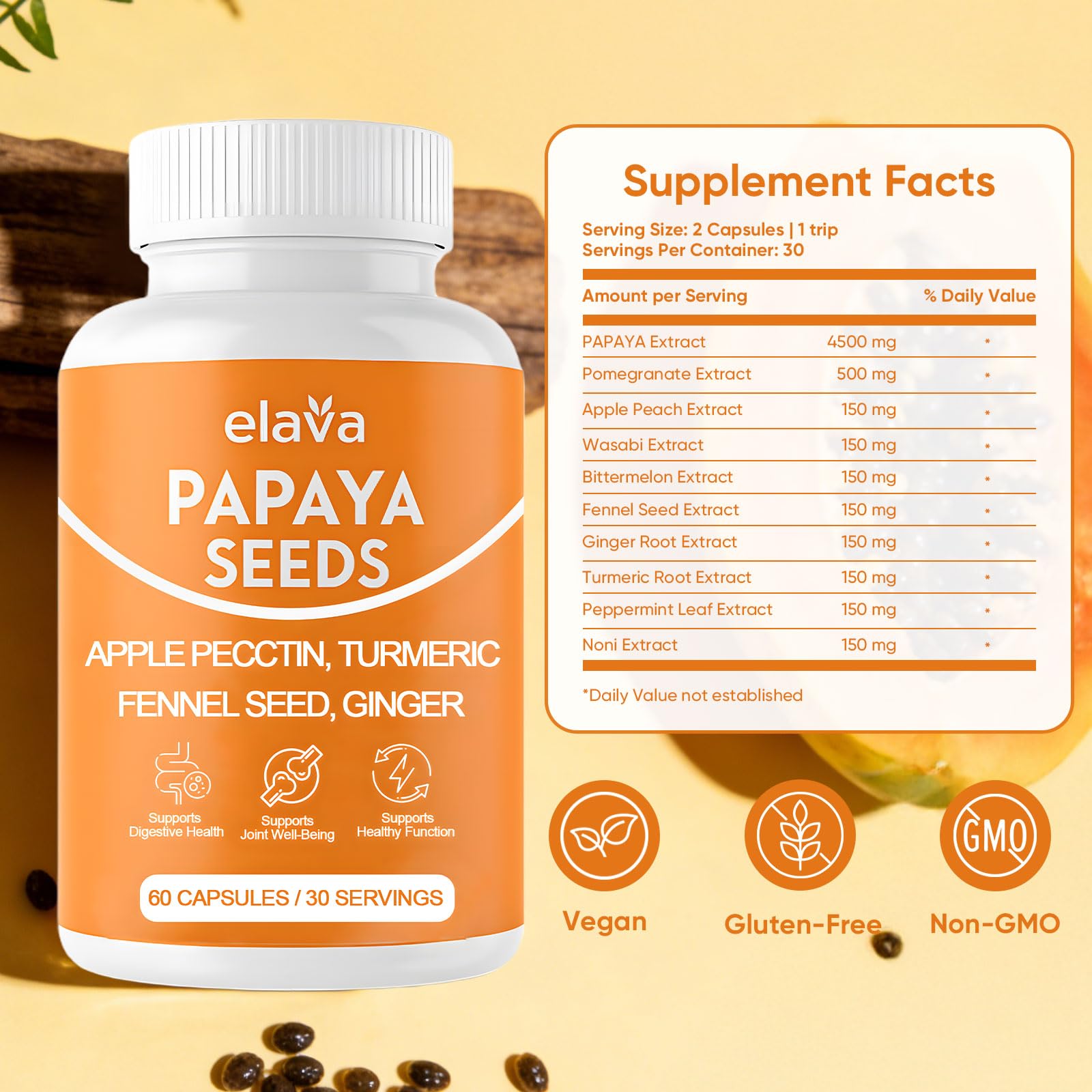Awjsde Elava packaging close-up highlighting vegan, non-GMO capsules.
